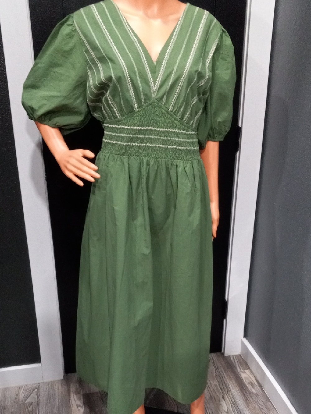 Gilli Michiko Puff Sleeve Olive V-Neck Smocked Waist Embroidered Maxi Dress